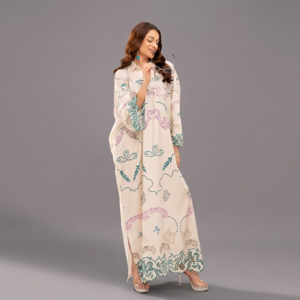 Ivory Serenade Printed Kaftan Maxi with Scalloped Cutouts
