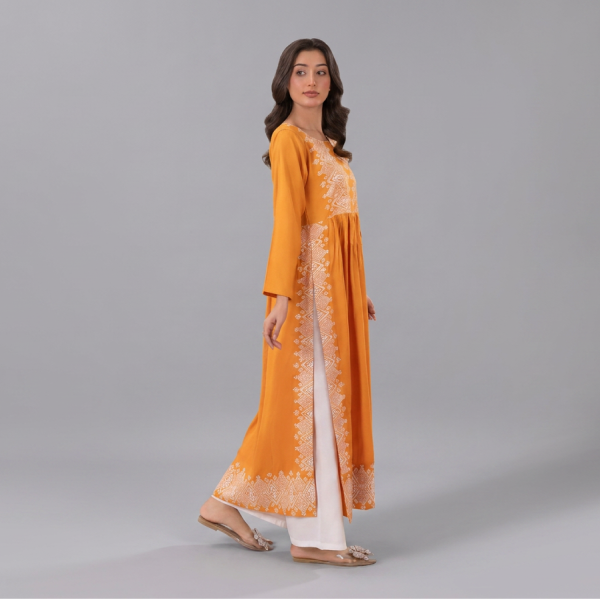 Vibrant Mustard Yellow Anarkali Tunic with Intricate White Prints