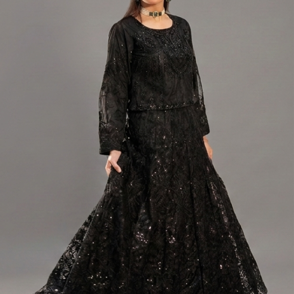 Black Minimalist Embroidered Organza Gown