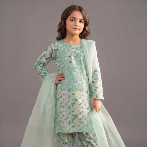 Mint Green Floral Embroidered Girls Suit