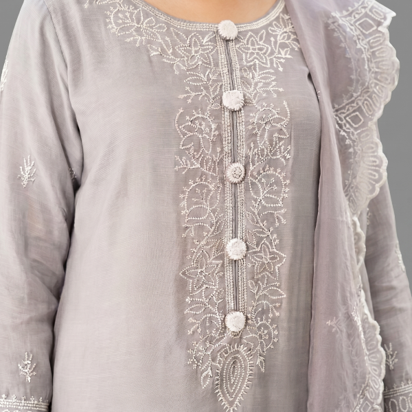 Celestial Dove Grey Organza Ensemble with Silver Chikankari Embroidery
