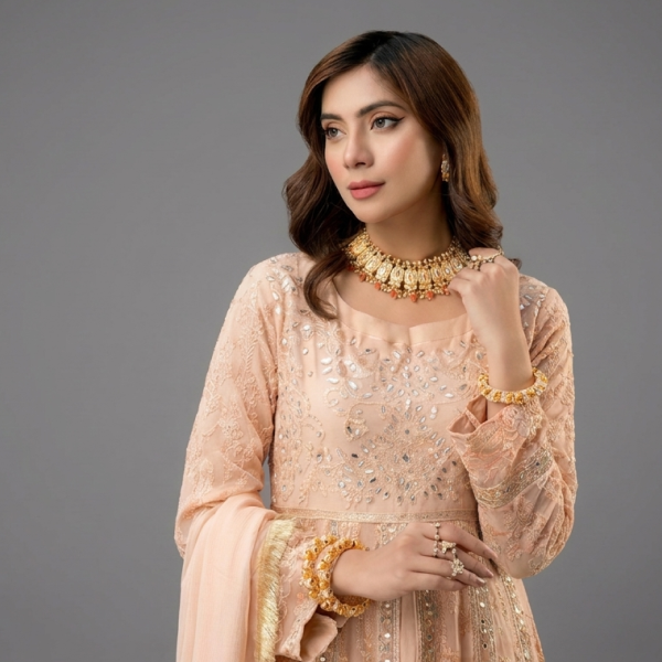 Embellished Peach Anarkali Set