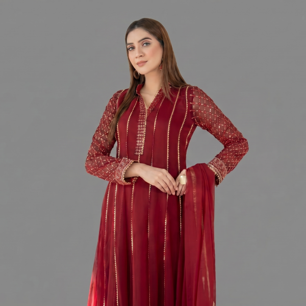 Deep Maroon Embroidered Anarkali Suit Set – 3-Piece Festive