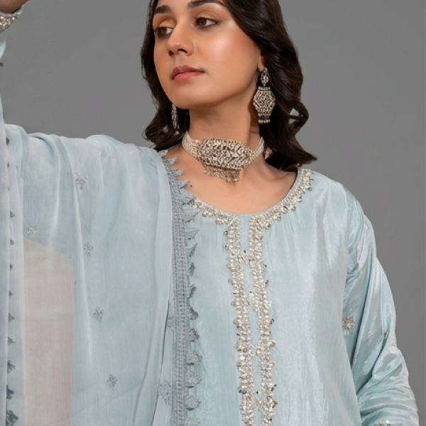 Powder Blue Embellished Kurta with Matching Sharara and Dupatta Set