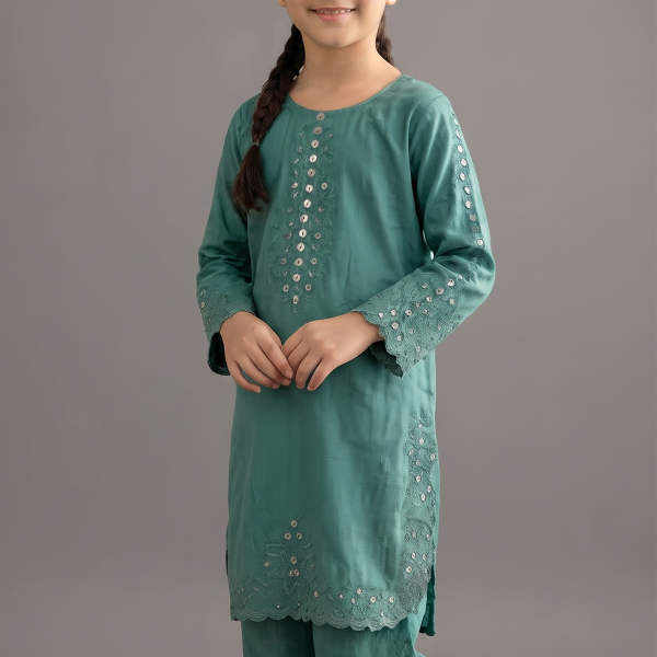 Emerald Mist Embroidered Kurta Set for Girls