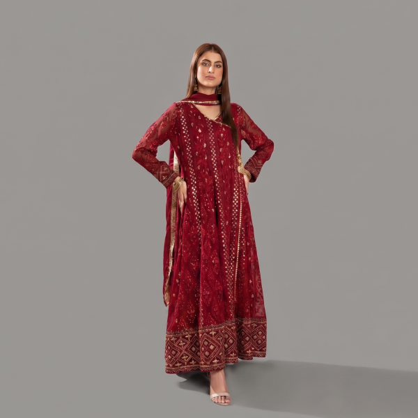 Manahil Embroidered  Maroon 3-Piece Festive Kalidaar Set