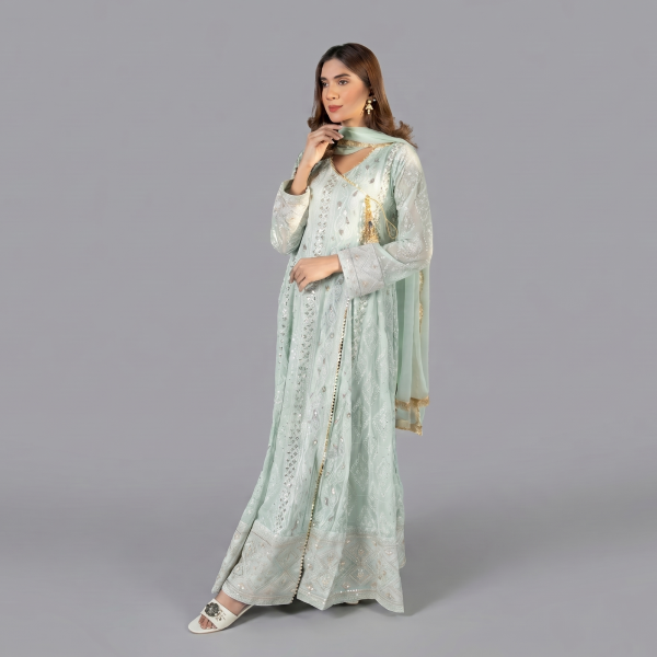 Embellished Mint Green Angrakha Anarkali Set