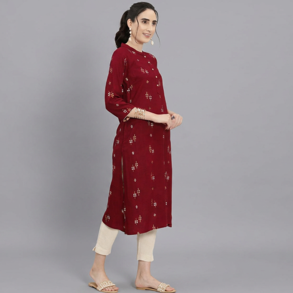 Regal Maroon & Gold Printed Kurta with Tailored Beige Trousers