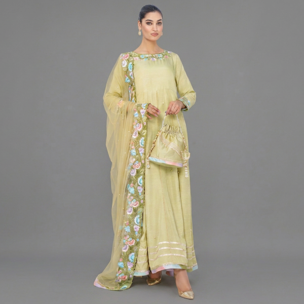 Ethereal Pistachio Green Anarkali Set with Pastel Floral Appliqué