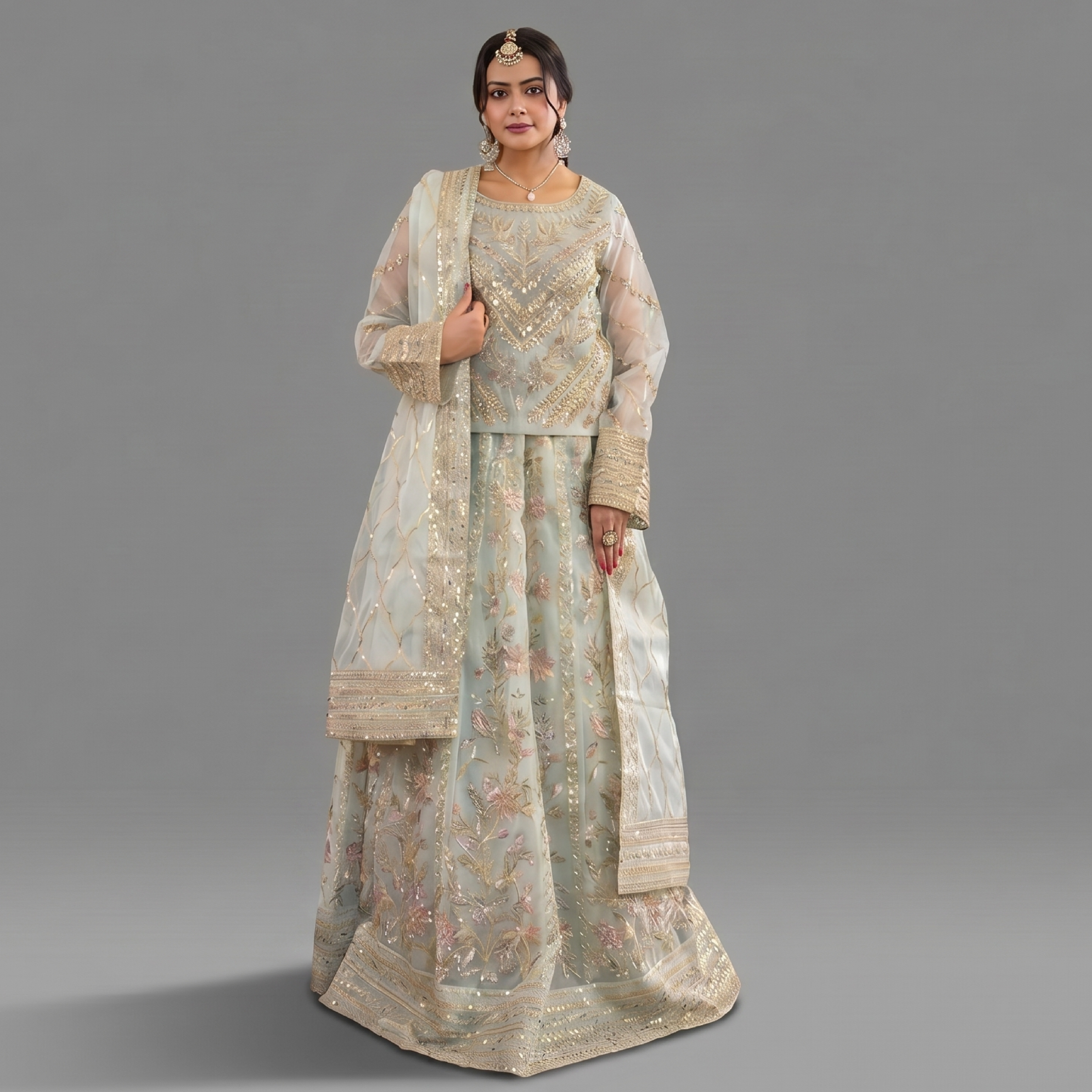 Embellished Pastel Mint Anarkali Set
