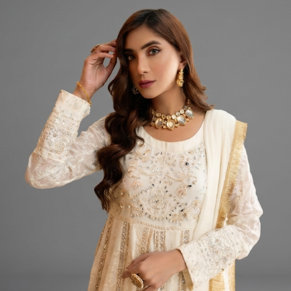Embellished Ivory Anarkali Set