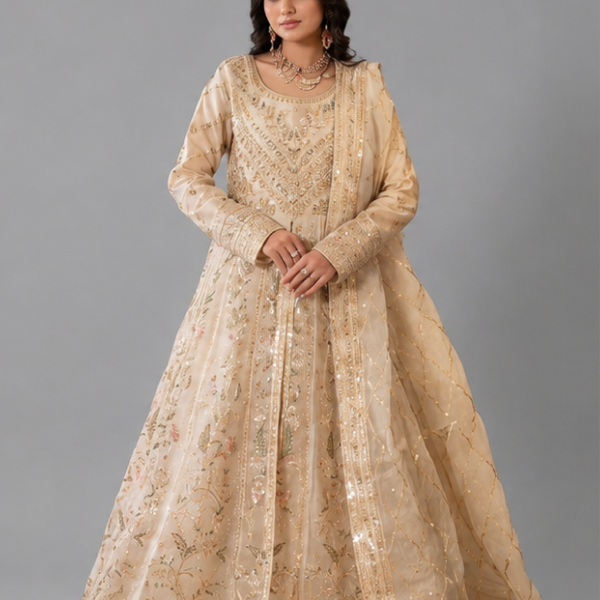 Gold Minimalist Embellished Organza Anarkali Set