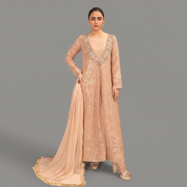 Manahil Shimmering Rose Gold 3-Piece Festive Sequin Gown Set