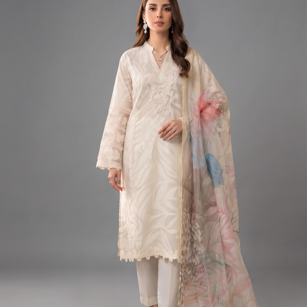 Off-White Textured Embroidered Kurta with Floral Printed Organza Dupatta