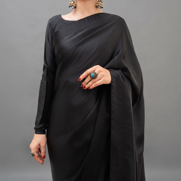 Midnight Black Satin Saree