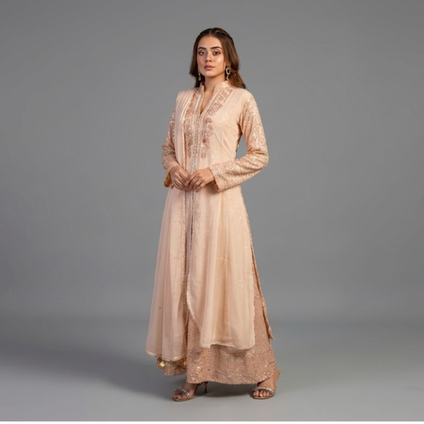 Elegant Peach Embellished Floor-Length Ensemble