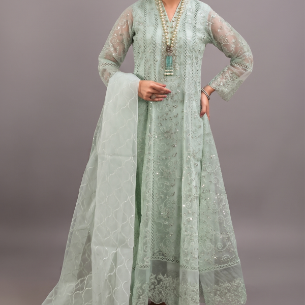 Mint Elegance Embroidered Anarkali with Organza Dupatta