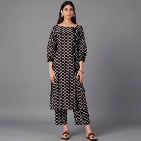Women’s Black and White All-Over Printed Kurta Set with Straight Pants