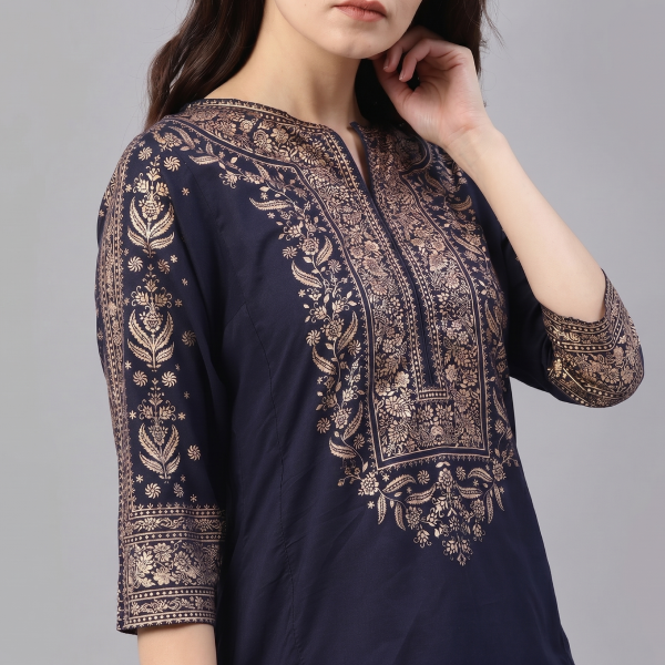 Navy and Gold Embroidered Kurta Lehenga Set