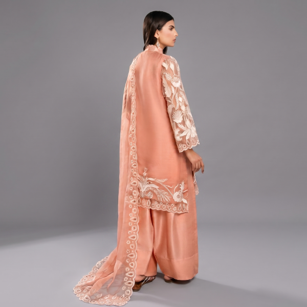Embroidered Peach Organza Festive Suit