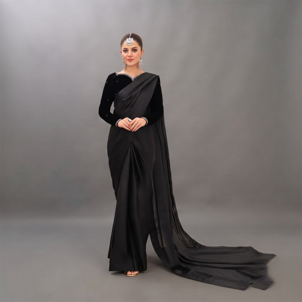 Elegant Black Velvet and Satin Saree
