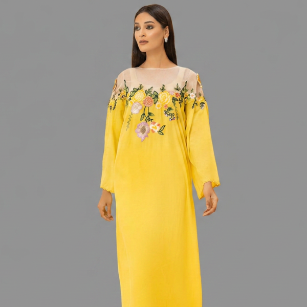 Sunshine Yellow Kaftan-Maxi with Sheer Floral Embroidered Yoke