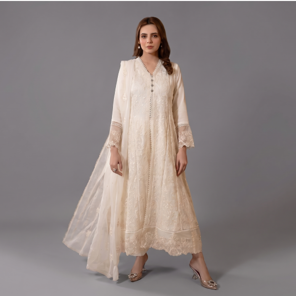 Manahil Embroidered Off-White 3-Piece Chikankari Festive Suit