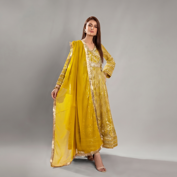 Mustard Embellished A-Line Set