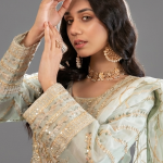 Mint Green Minimalist Floral Embroidered Organza Anarkali Set