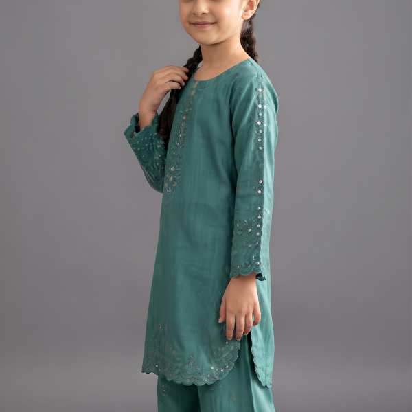 Emerald Mist Embroidered Kurta Set for Girls