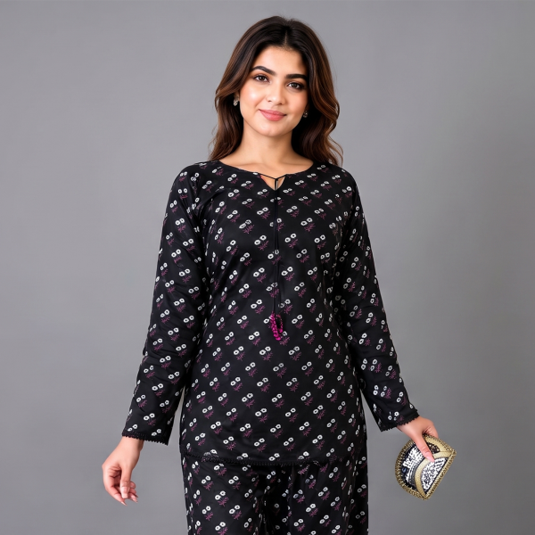 Title: Black Floral Printed  Suit