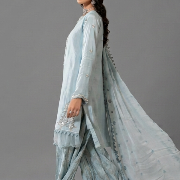 Powder Blue Embellished Kurta with Matching Sharara and Dupatta Set