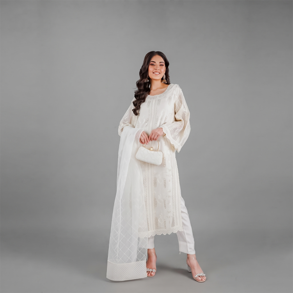 Ivory Embroidered Long Kurta with Trouser