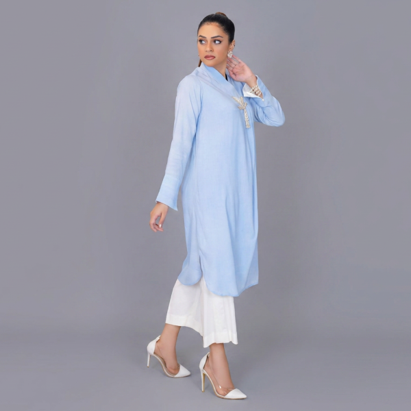 Serene Azure Bird-Embellished Tunic Set