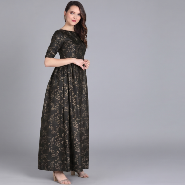 Charcoal Black Gold-Printed Maxi Dress