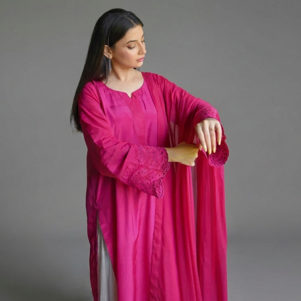 Pink Silk Kurta Set with Pleated White Sharara and Dupatta