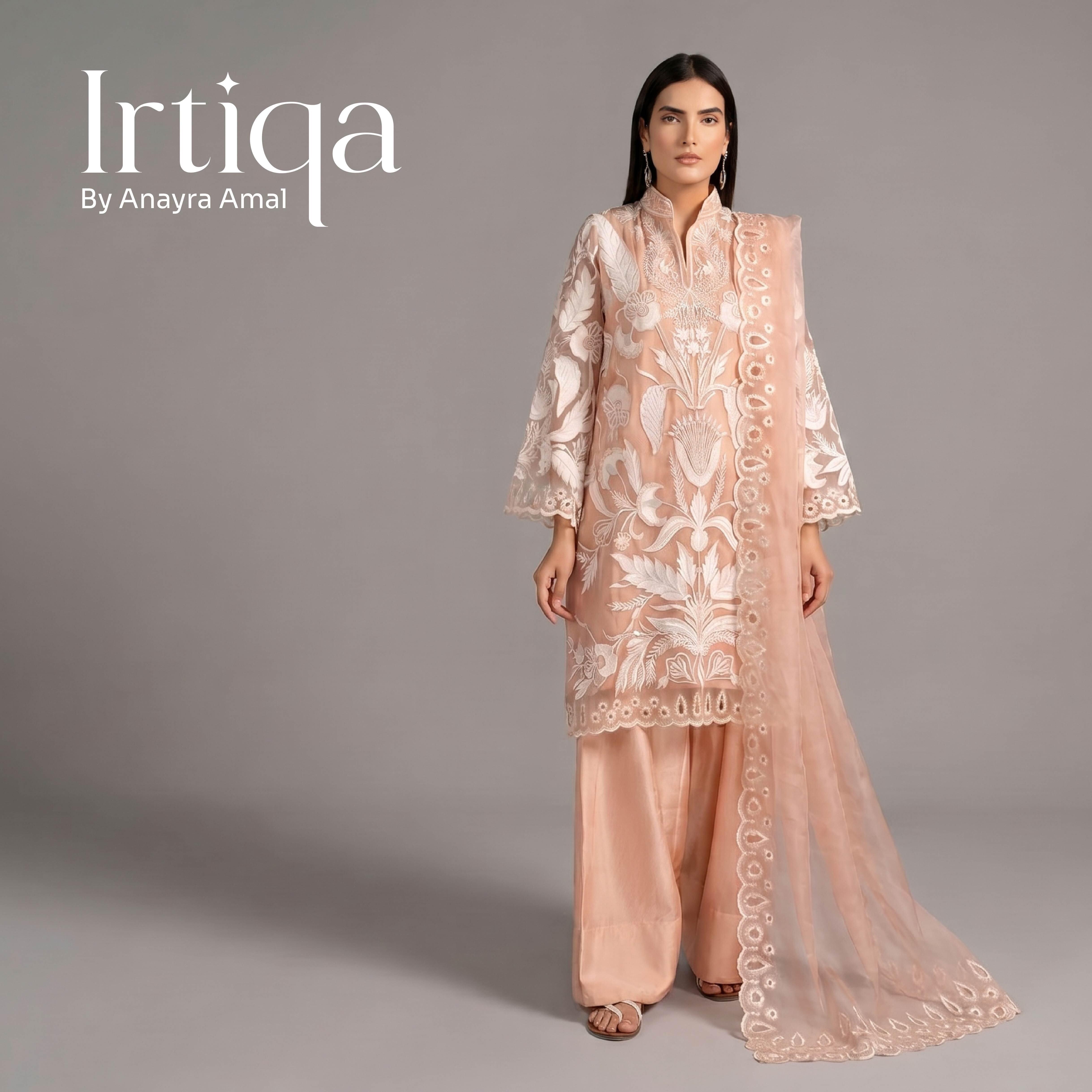 Embroidered Peach Organza Festive Suit