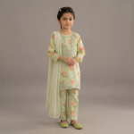 Mint Green Floral Embroidered Girls’ 3-Piece Suit