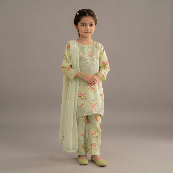 Mint Green Floral Embroidered Girls’ 3-Piece Suit