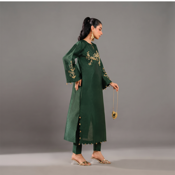 Dark Green Embroidered Silk Suit