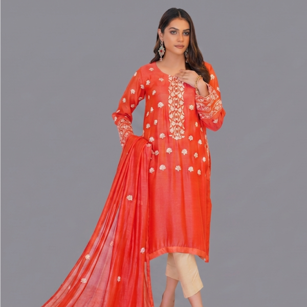 Coral Nectar Embroidered Silk Set