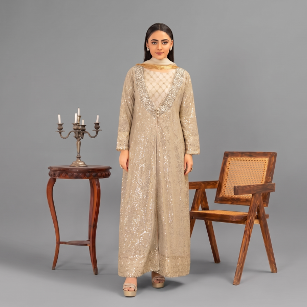 Manahil Shimmering Champagne Gold 3-Piece Festive Sequin Gown Set