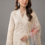 Off-White Textured Embroidered Kurta with Floral Printed Organza Dupatta