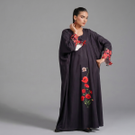 Charcoal Popp Floral Border Draped Kaftan Maxi