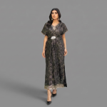 Manahil Embellished Metallic Black Kaftan Maxi Dress