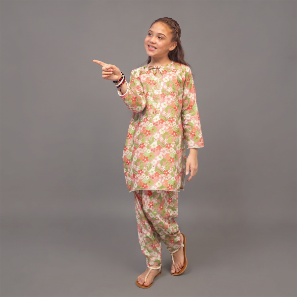 Peach Floral Girls' Kurta & Tulip Shalwar