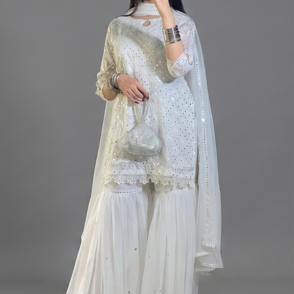 Ethereal White Embroidered Gharara Set with Mirror Work
