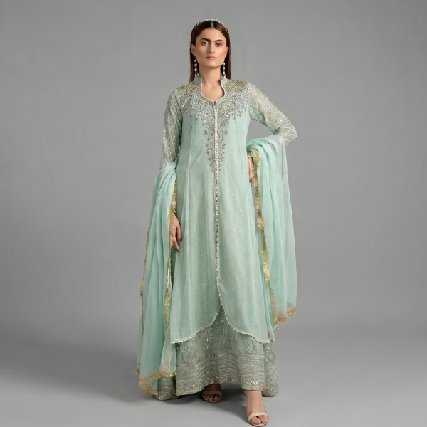 Elegant Mint Green Embroidered Anarkali Ensemble