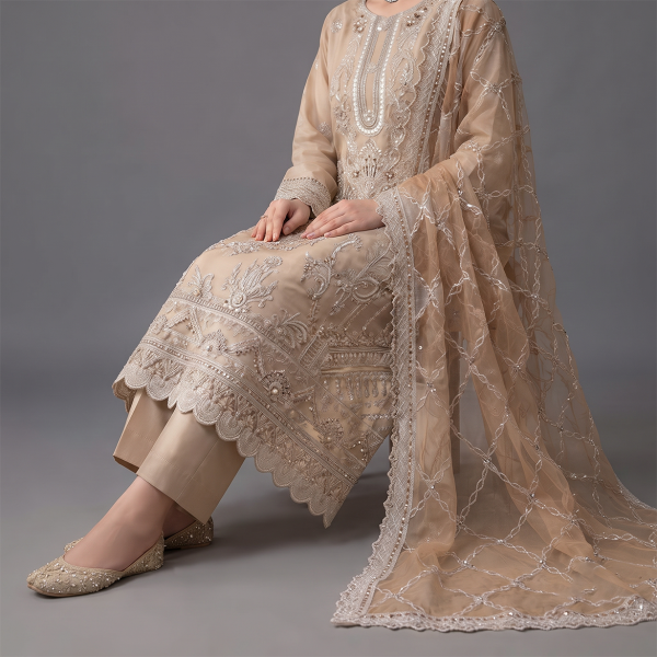 Beige Embroidered 3-Piece Suit