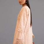 Peach Organza Embellished Kurta with Wide-Leg Trousers and Dupatta Set